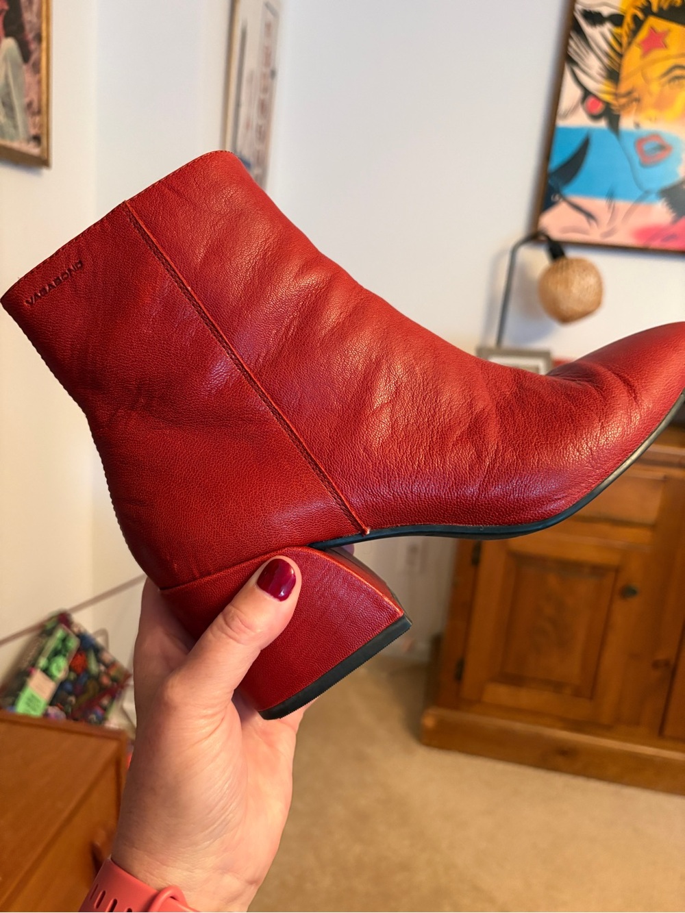 Vagabond Red Leather Block Heel Booties